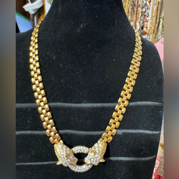 SOLD! Gold Tone Twin Panther Head 18” Necklace 18” - Picture 1 of 6